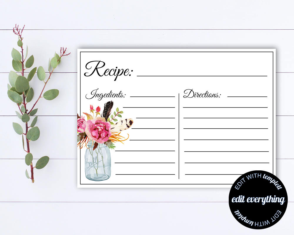 Floral Bridal Shower Recipe Cards Printable Bridal Recipe Card