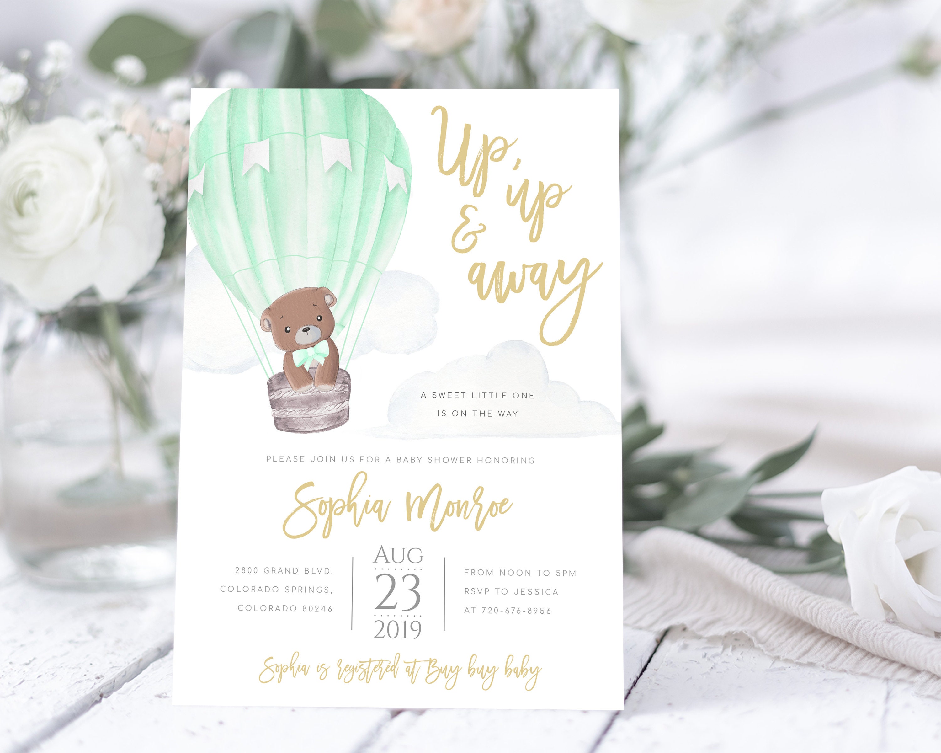 Mint Green Teddy Bear Gender Neutral Hot Air Balloon Baby Shower Invite ...
