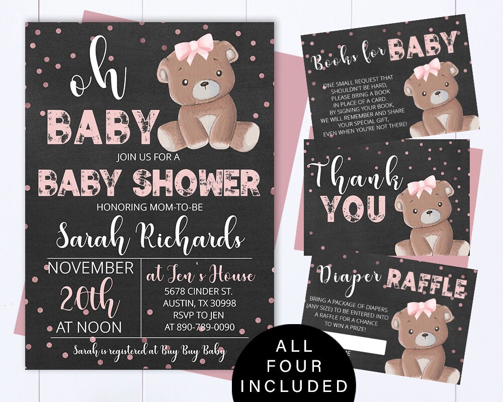 Pink Bear Baby Shower Girl Invite Pink Baby Shower Baby Girl Shower ...
