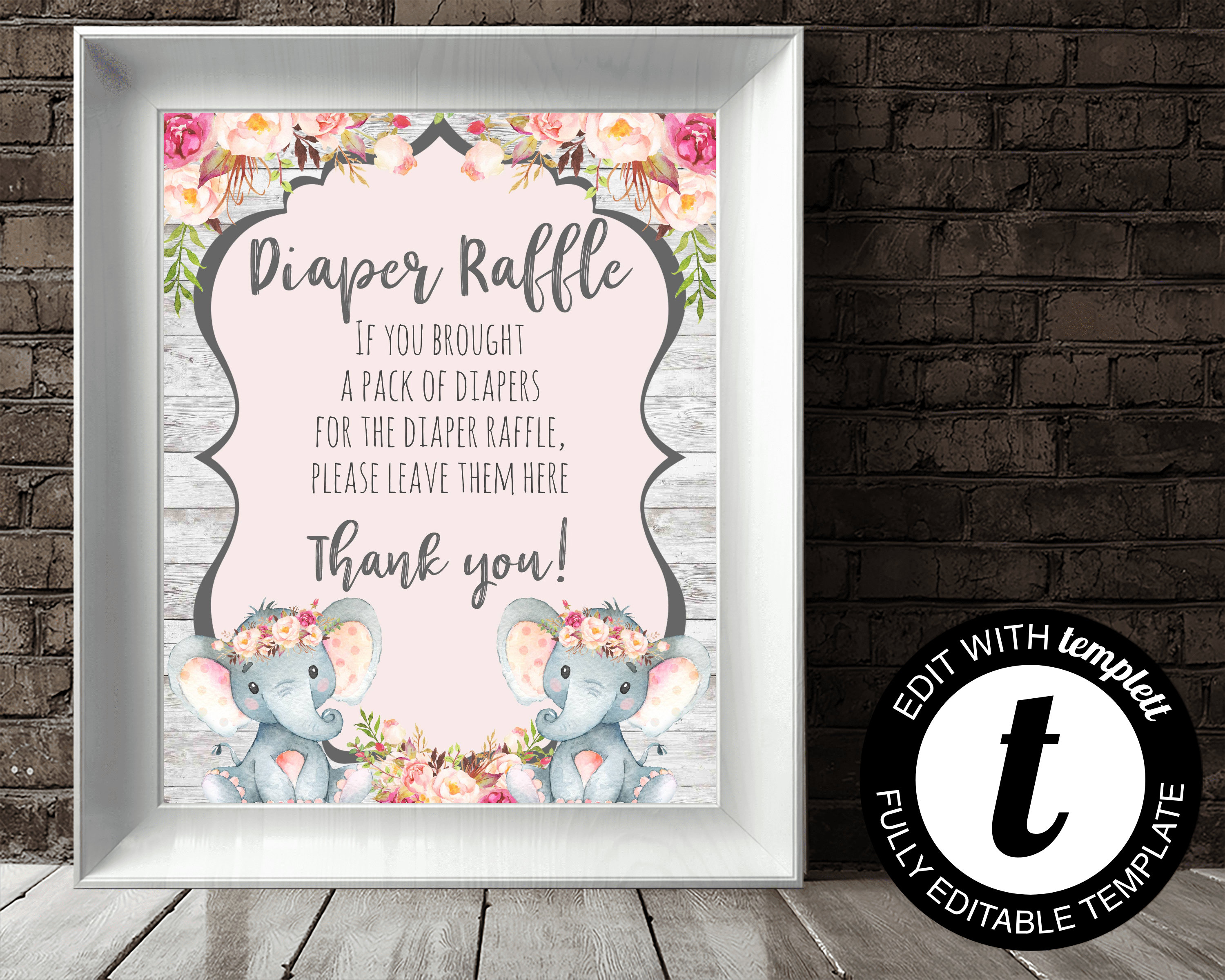 Elephant Diaper Raffle Instruction Sign Pink Elephant Baby Shower ...