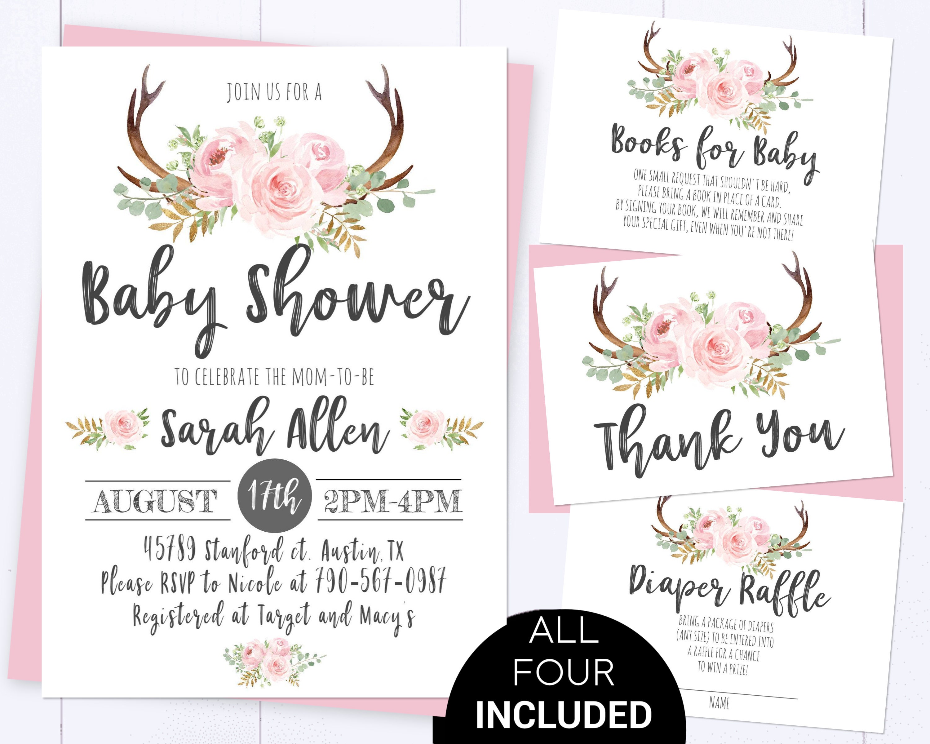 Floral Baby Shower Invitation Template Pink Floral Baby Shower Invite Girl  Baby Shower Antler Invitation Boho Baby Shower Invite - Templett Shop, image size:3000x2400