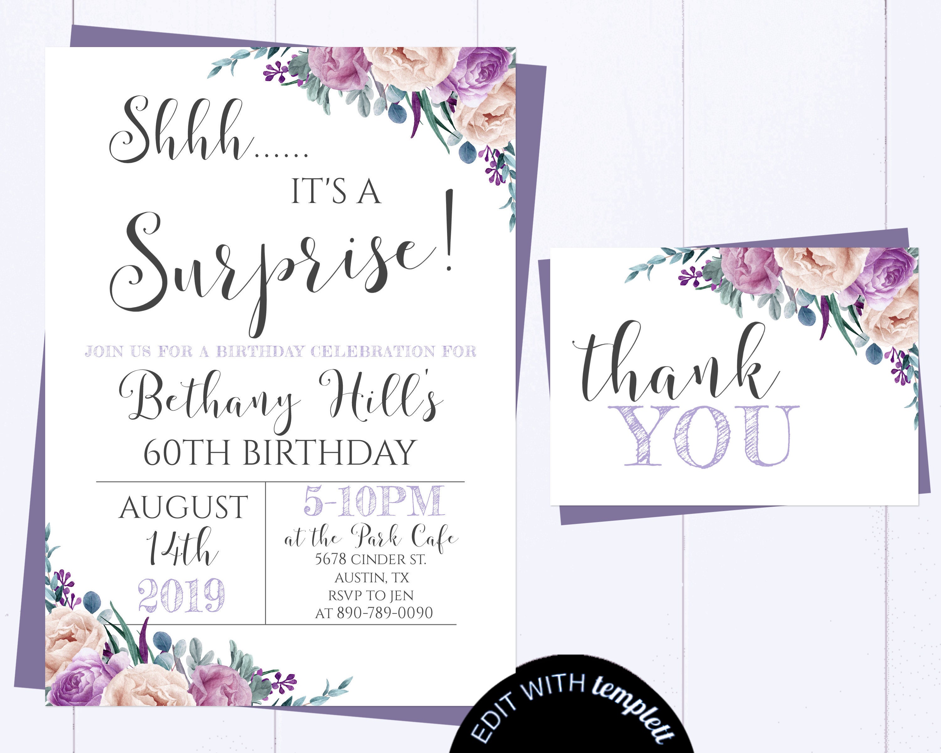 Surprise Birthday Party Invitation Floral 60th Birthday Invitation Purple Surprise  Birthday Party Invitation Shhh It's A Surprise Birthday - Templett Shop, image size:3000x2400