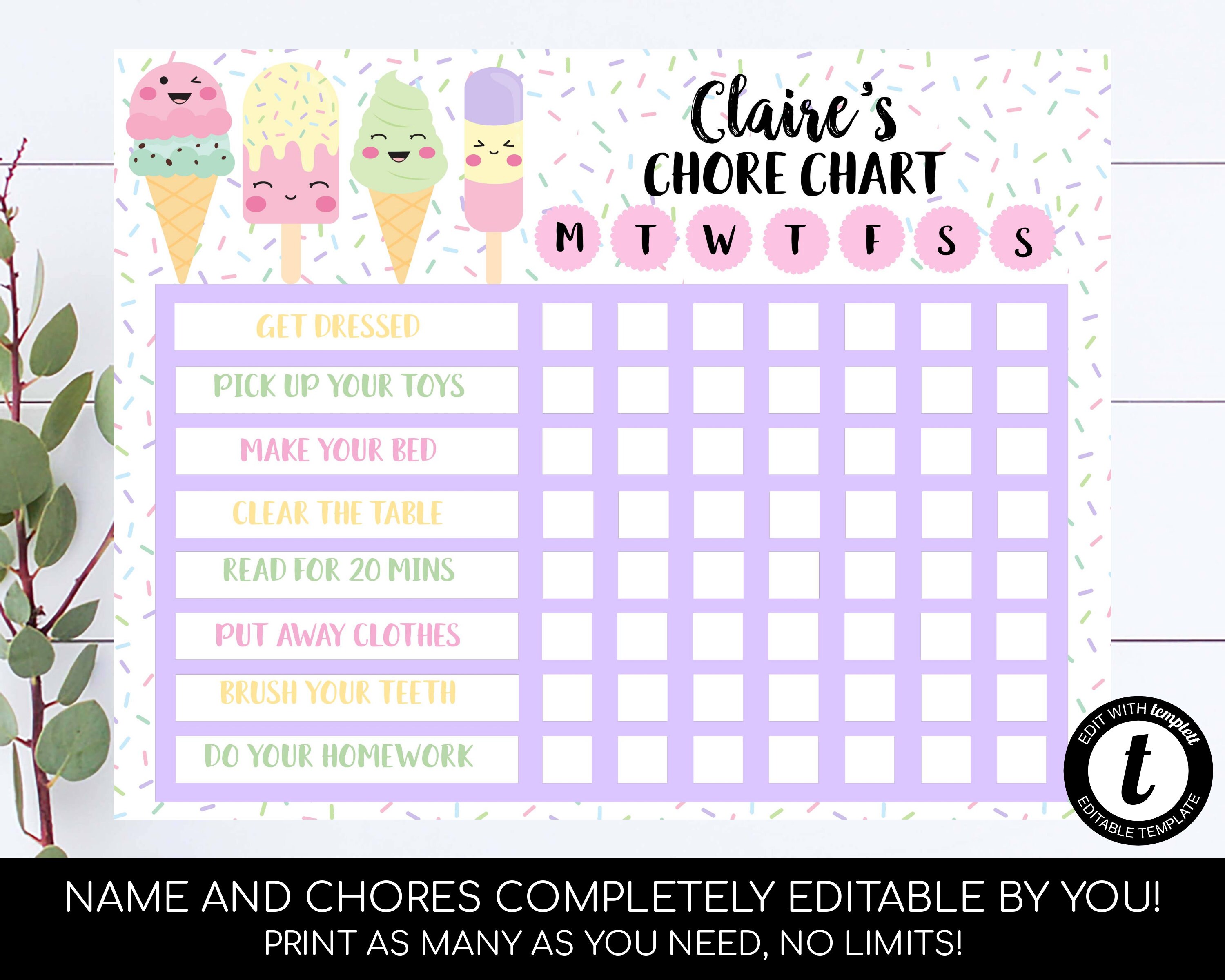 Ice Cream Chore Chart Editable Kids Chore Chart Reward Chart For Kids ...