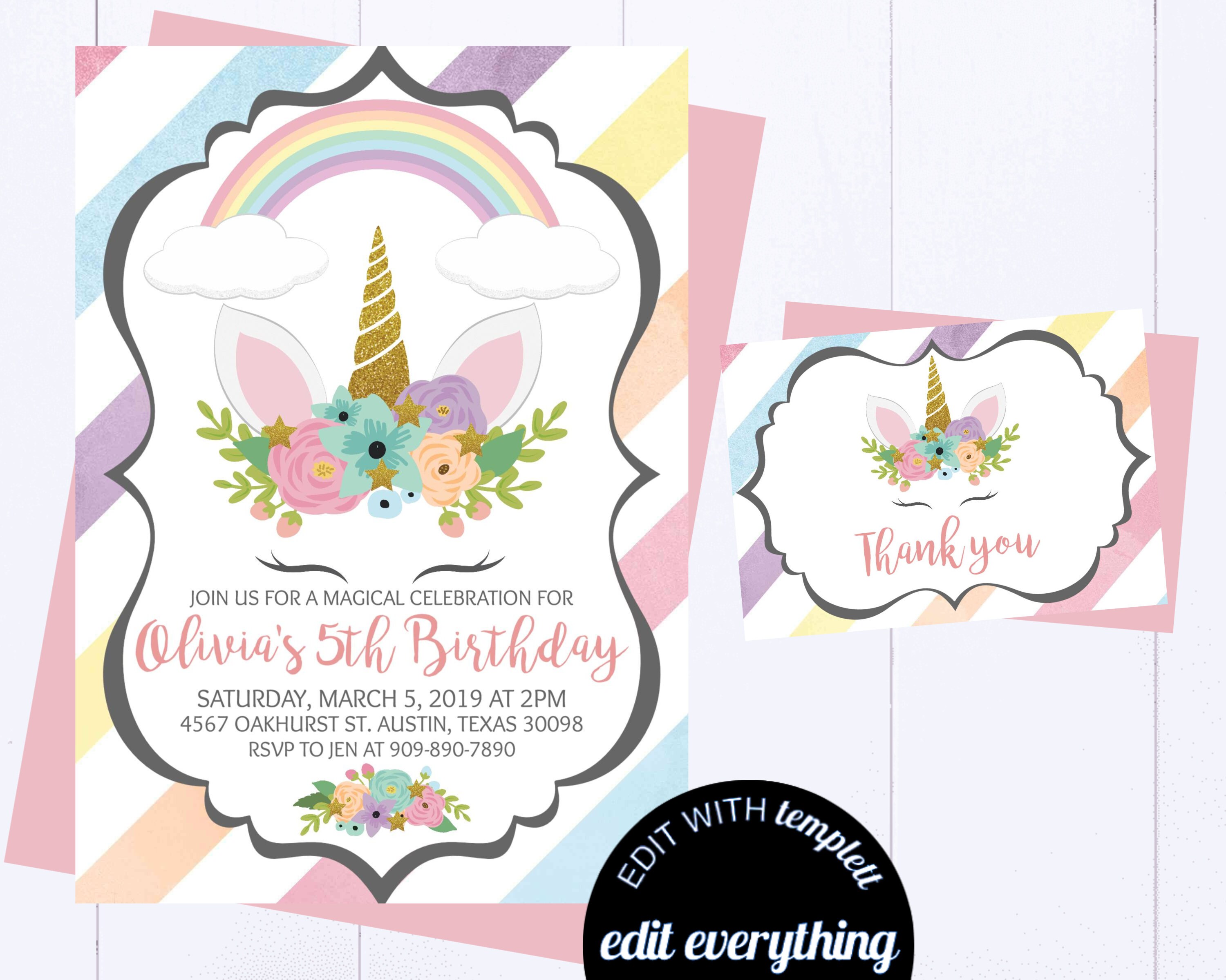 Unicorn Birthday Invitation, Magical Unicorn Birthday, Unicorn Birthday  Party, Rainbow Unicorn Invitation, Magical Birthday Editable Invite -  Templett Shop, image size:3000x2400