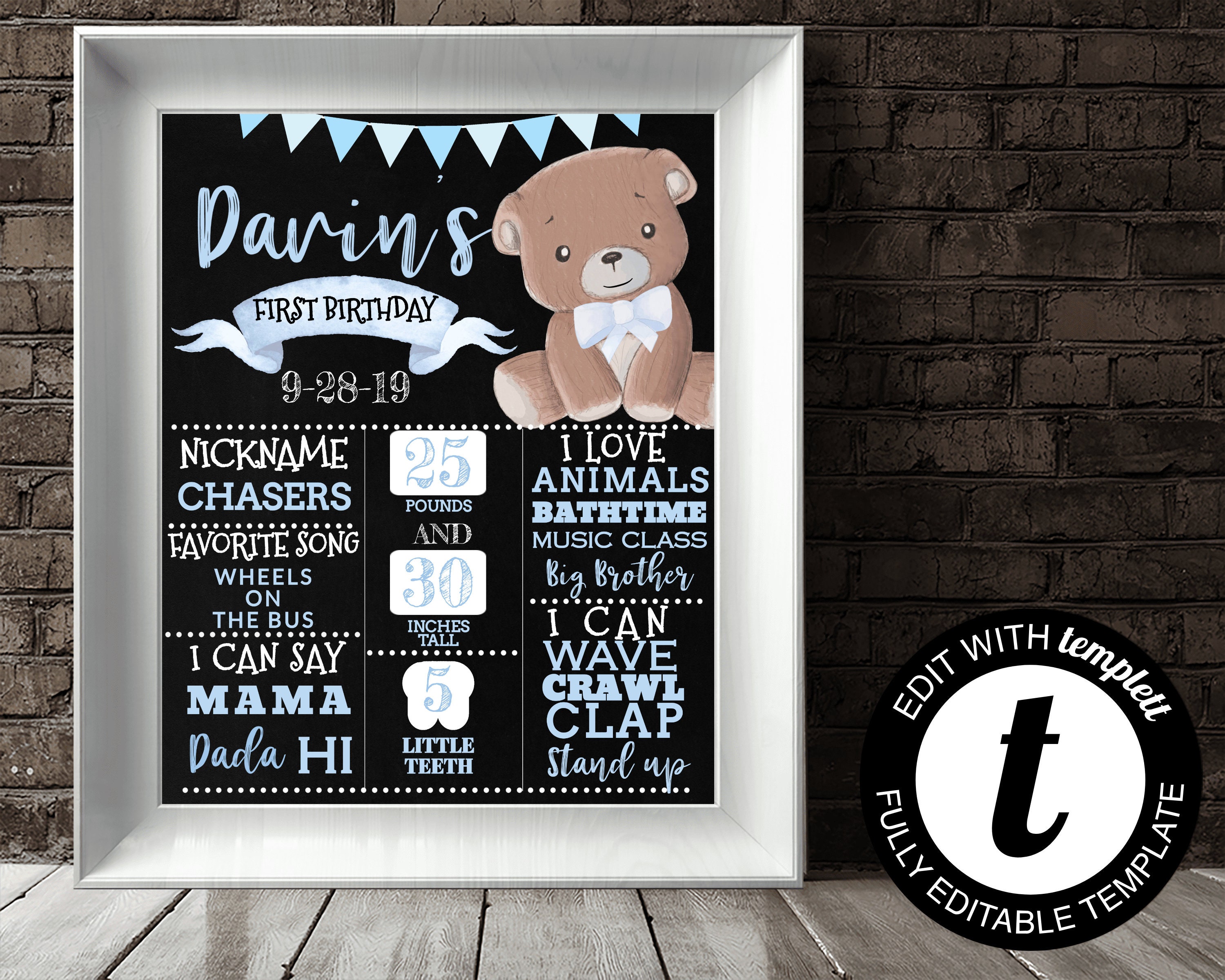 Teddy Bear Birthday Chalkboard Sign Blue Boy Chalkboard Milestone Sign ...