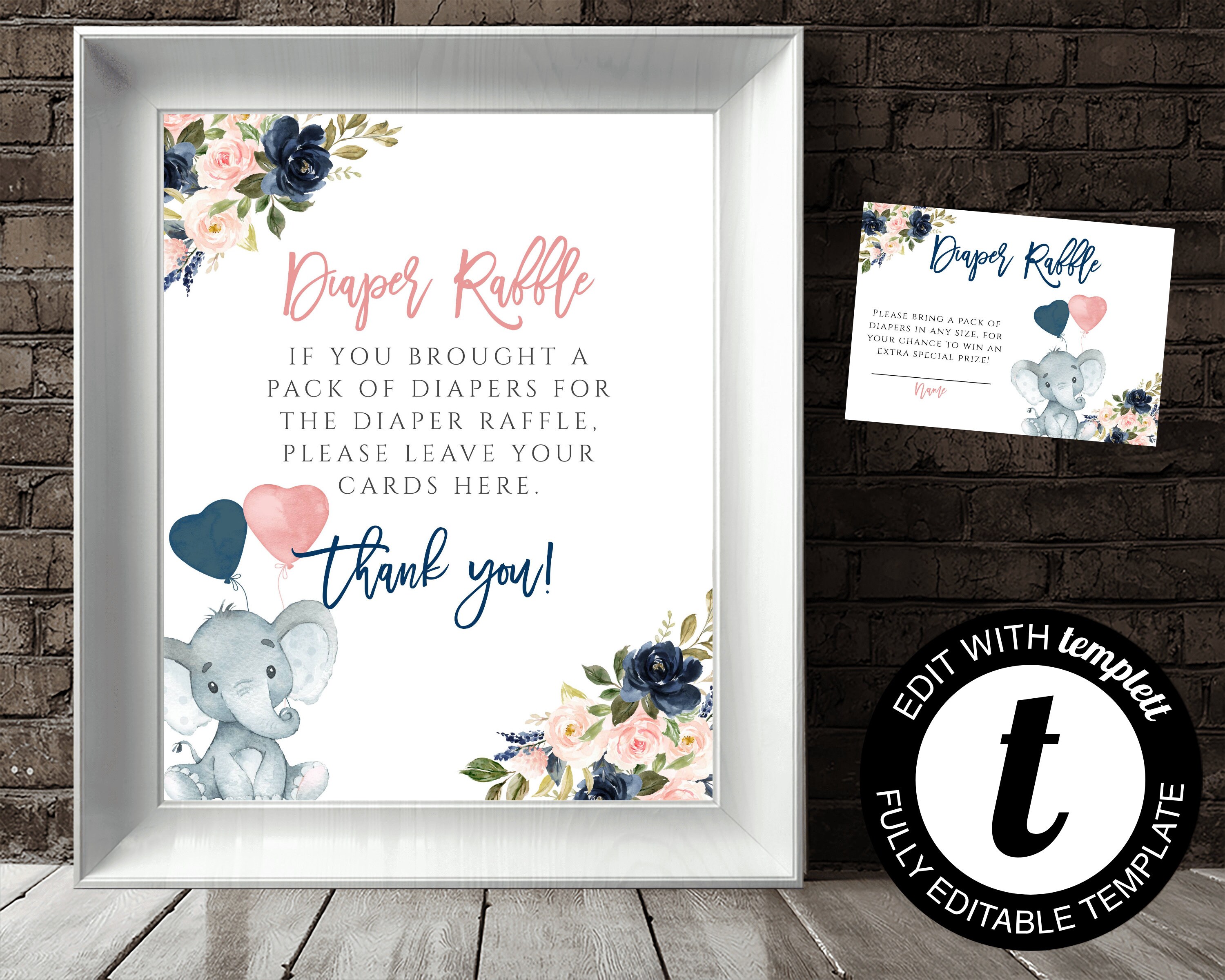 Elephant Gender Reveal Diaper Raffle Instruction Sign Pink Or Blue ...