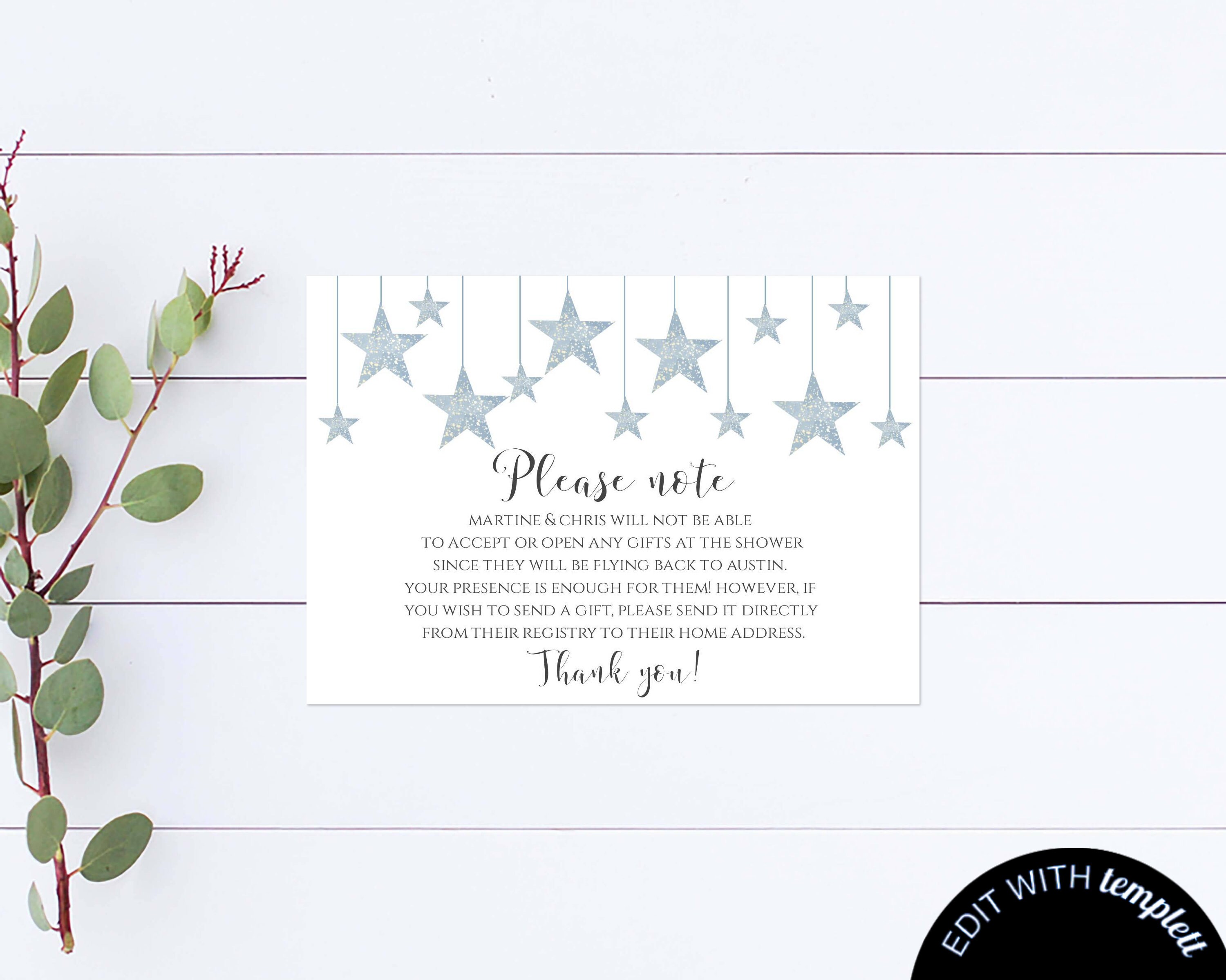 Twinkle Twinkle No Gifts Baby Shower Invitation Insert Blue Stars ...