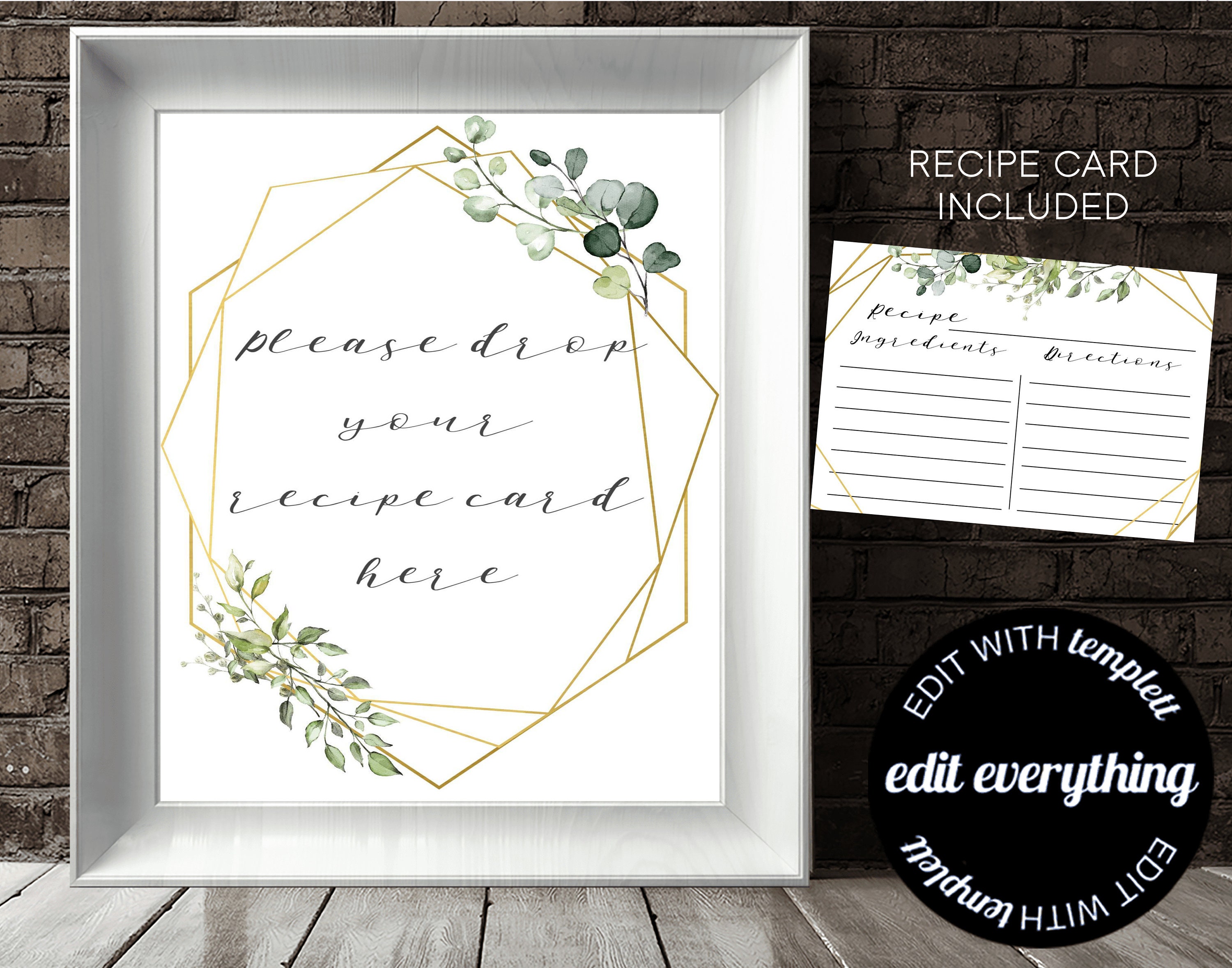 Greenery Recipe Card Drop Sign Bridal Shower Recipe Card Sign Recipe ...