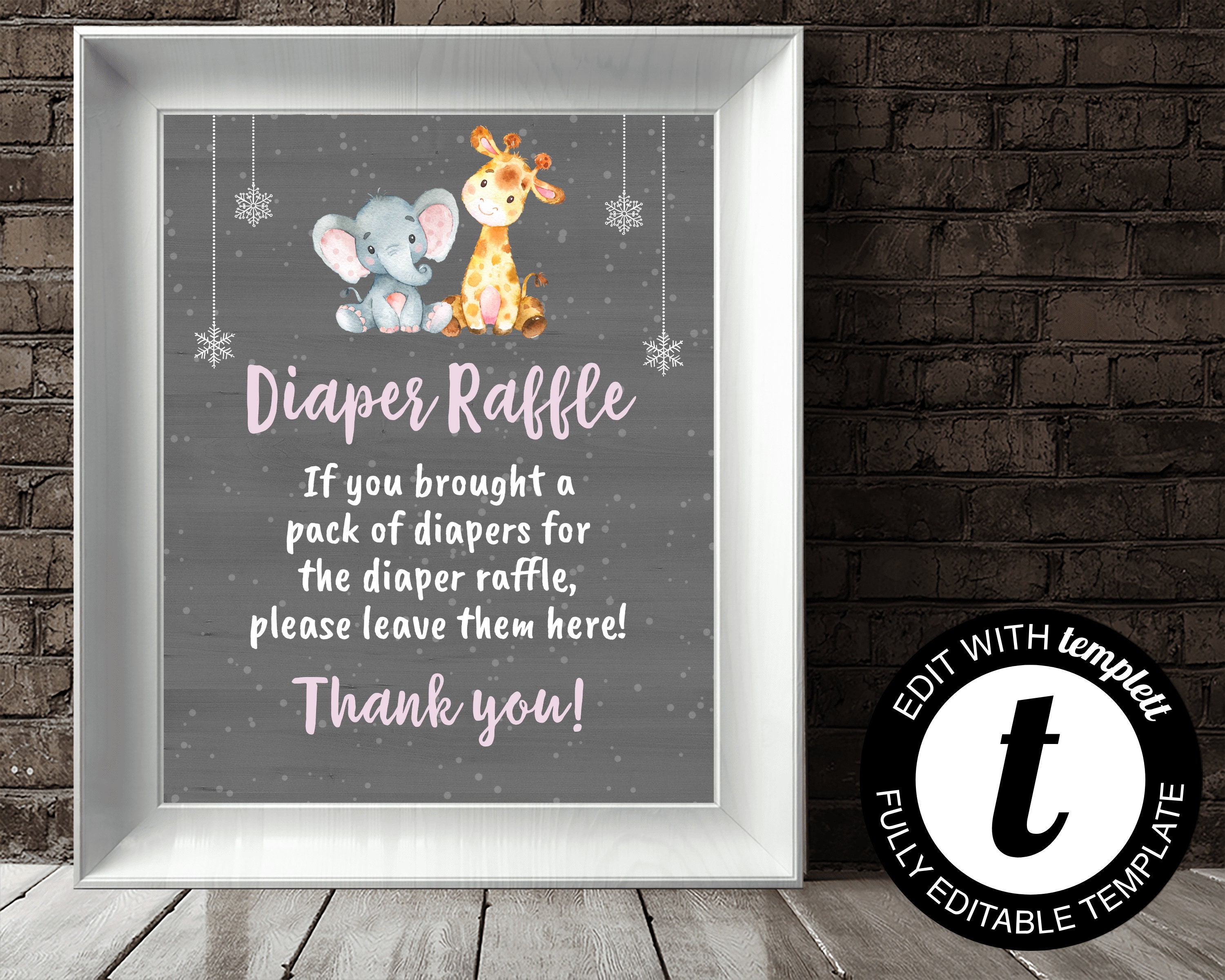 Pink Elephant Diaper Raffle Instruction Sign Giraffe Baby Shower ...