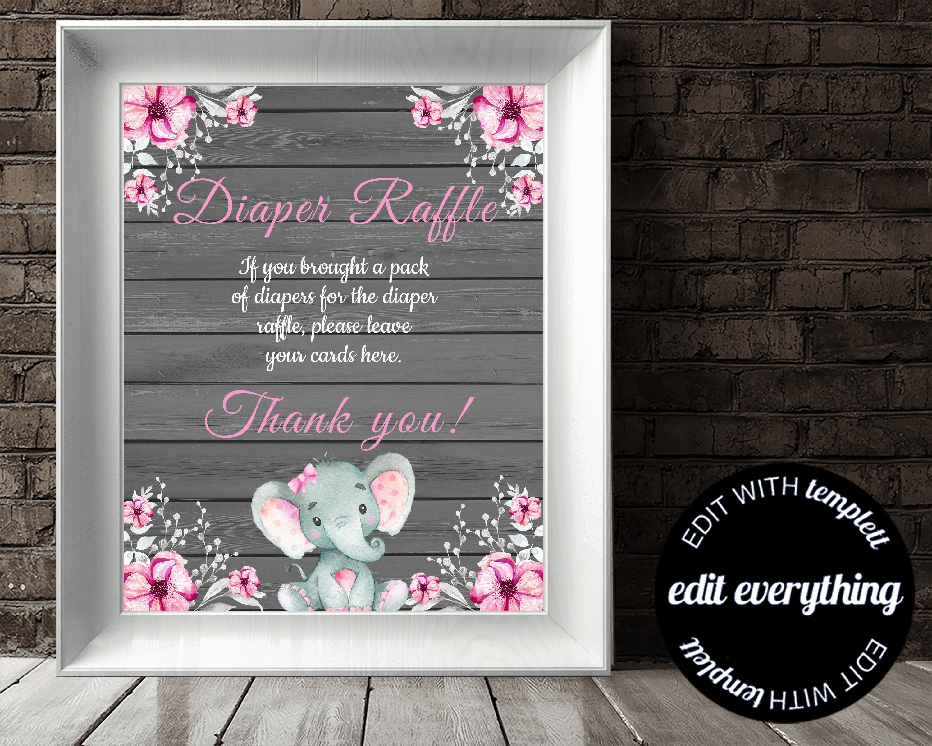 Pink Elephant Diaper Raffle Instruction Sign Elephant Baby Shower ...