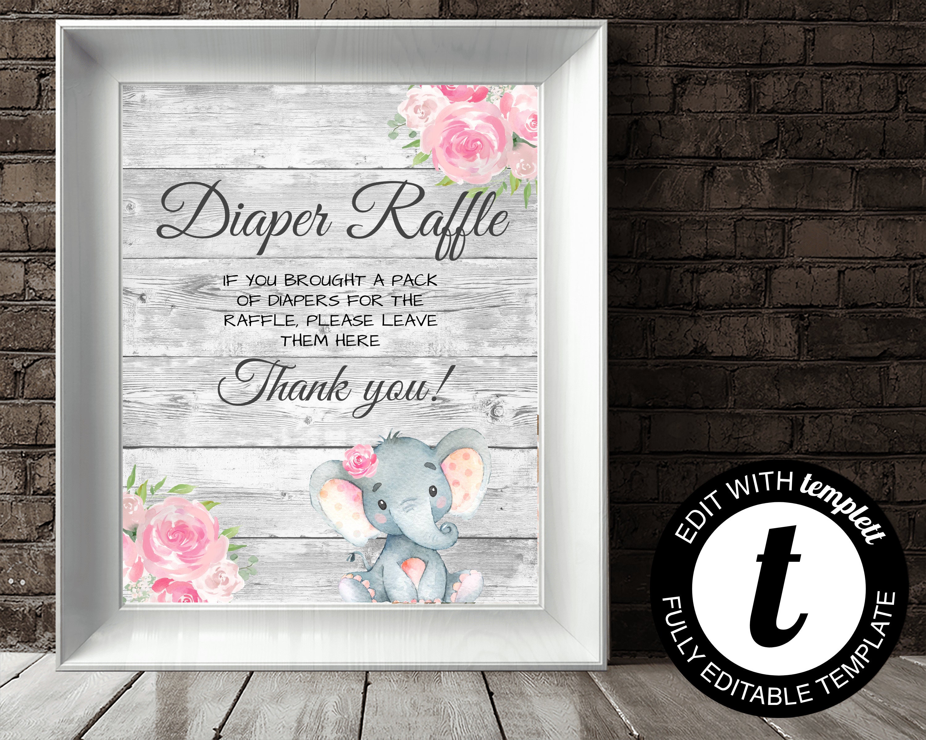 Pink Elephant Diaper Raffle Instruction Sign Elephant Baby Shower ...