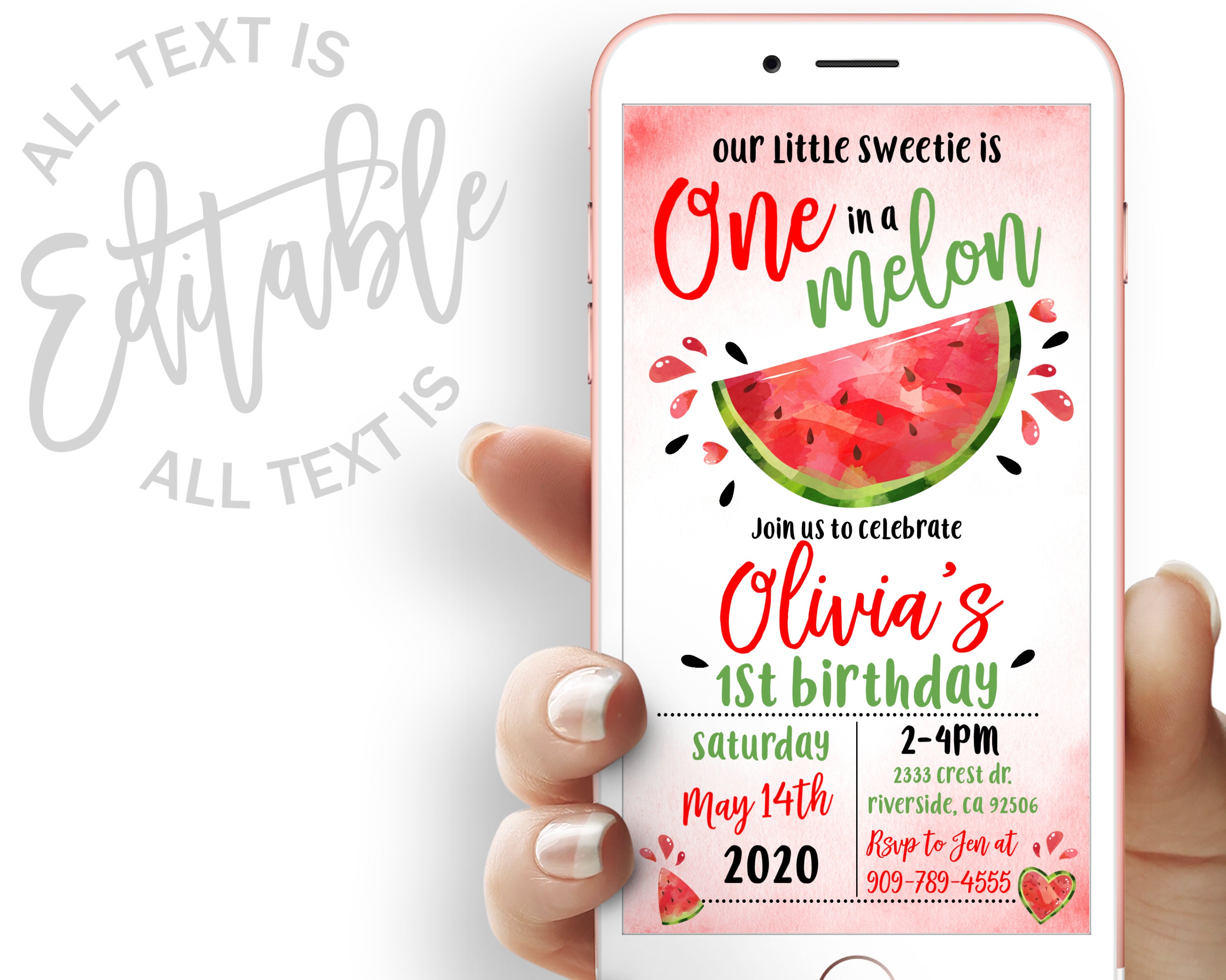 One In A Melon First Birthday Party Evite Red Watermelon Birthday Party ...