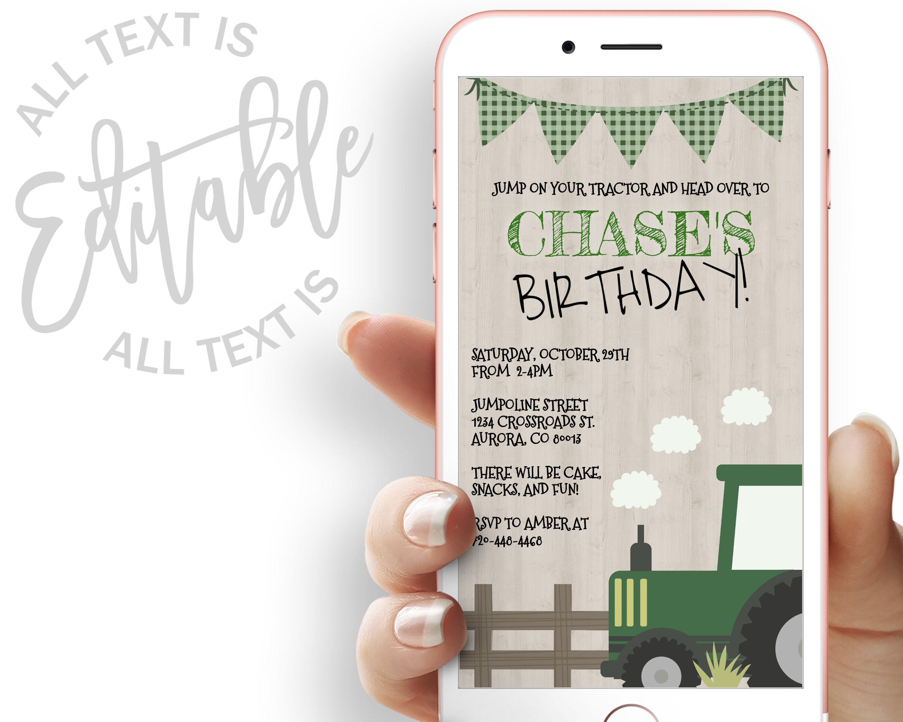 Tractor Birthday Party Evite Green Tractor Party Electronic Invitation ...