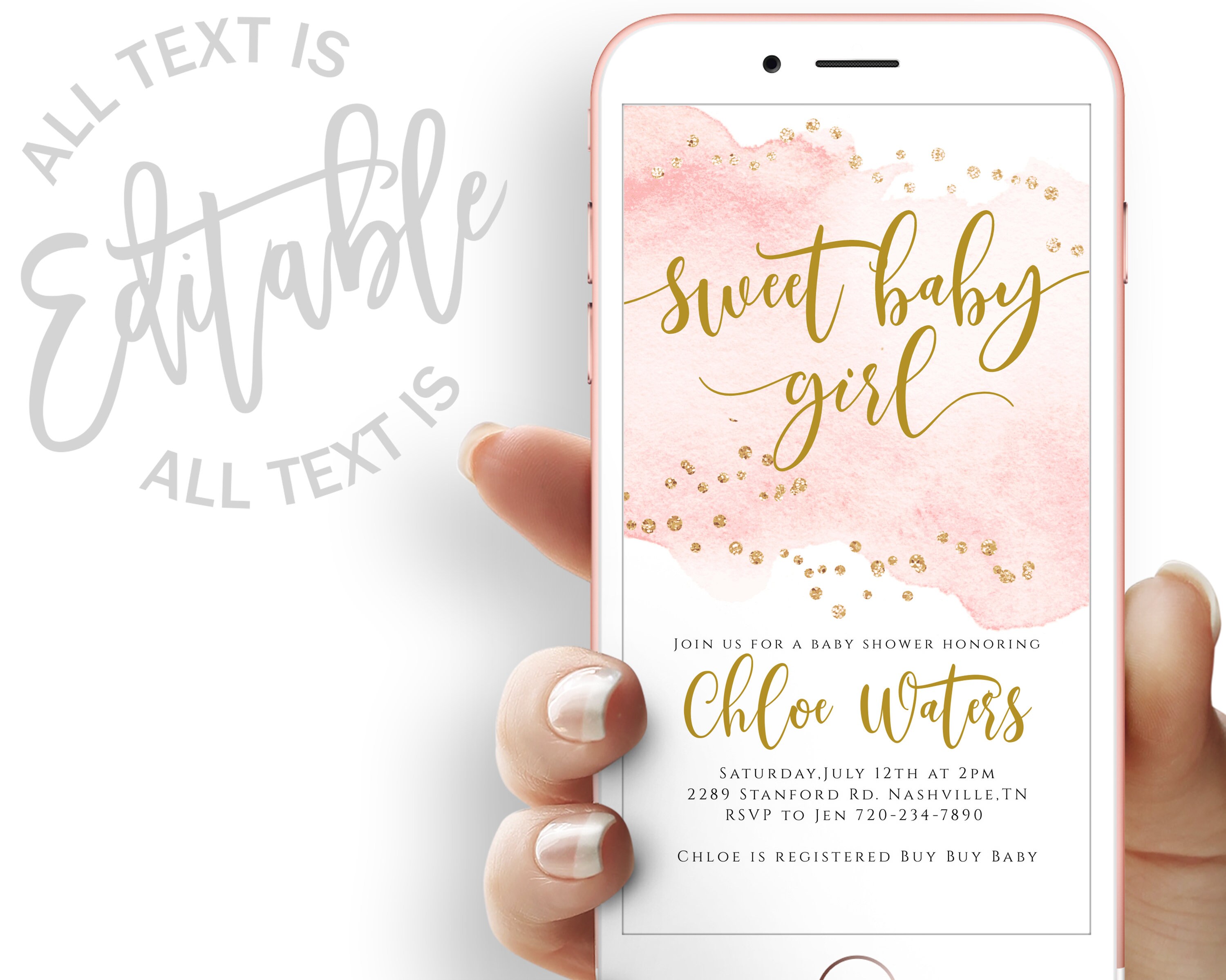 Pink Watercolor Baby Shower Evite Pink And Gold Shower Electronic  Invitation Template Sweet Baby Girl Digital Invite Gold Glitter Evite -  Templett Shop, image size:3000x2399