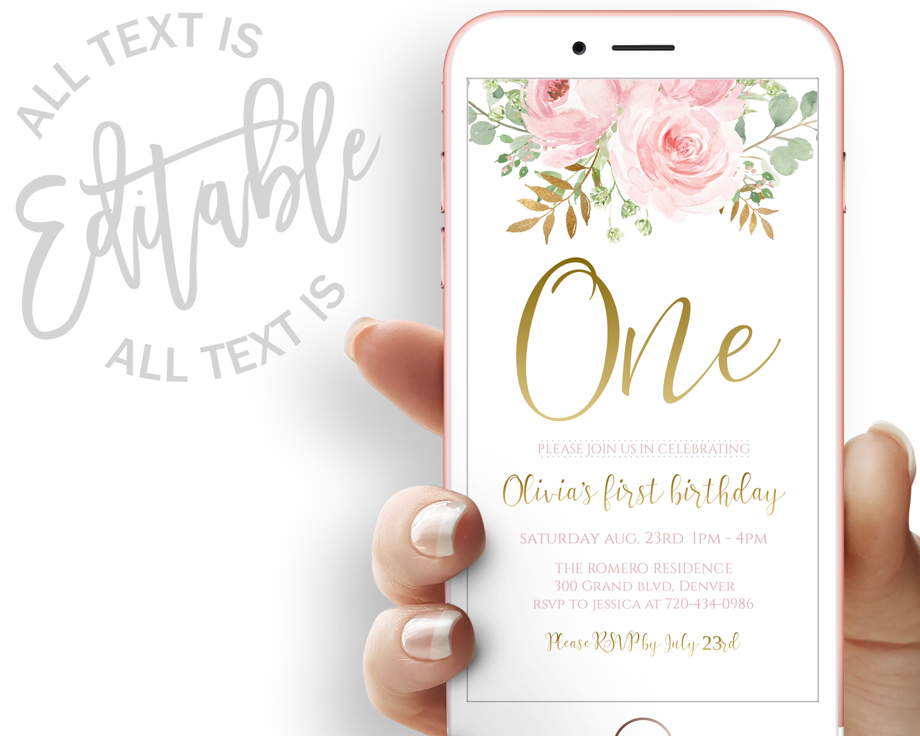 Floral Birthday Party Evite Blush Pink Birthday Party Electronic