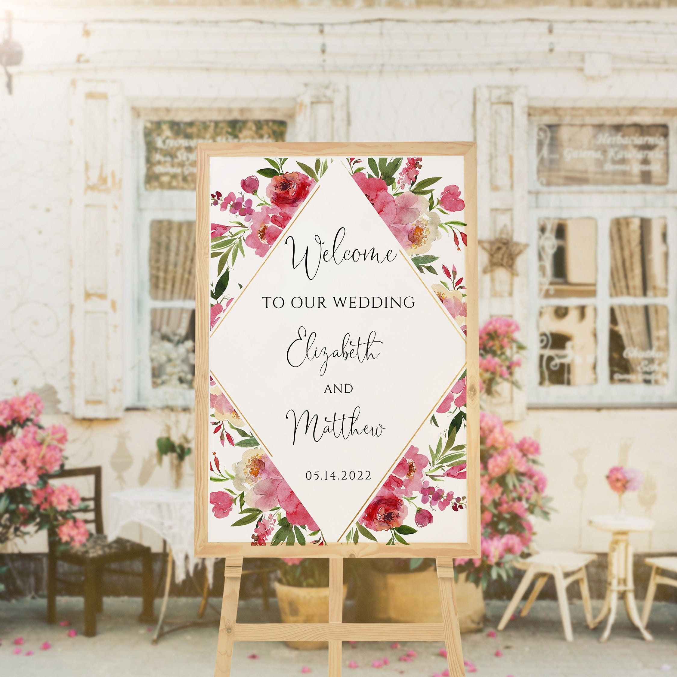Bright Pink Floral Wedding Welcome Sign Template, Fuchsia, Coral, Blush ...