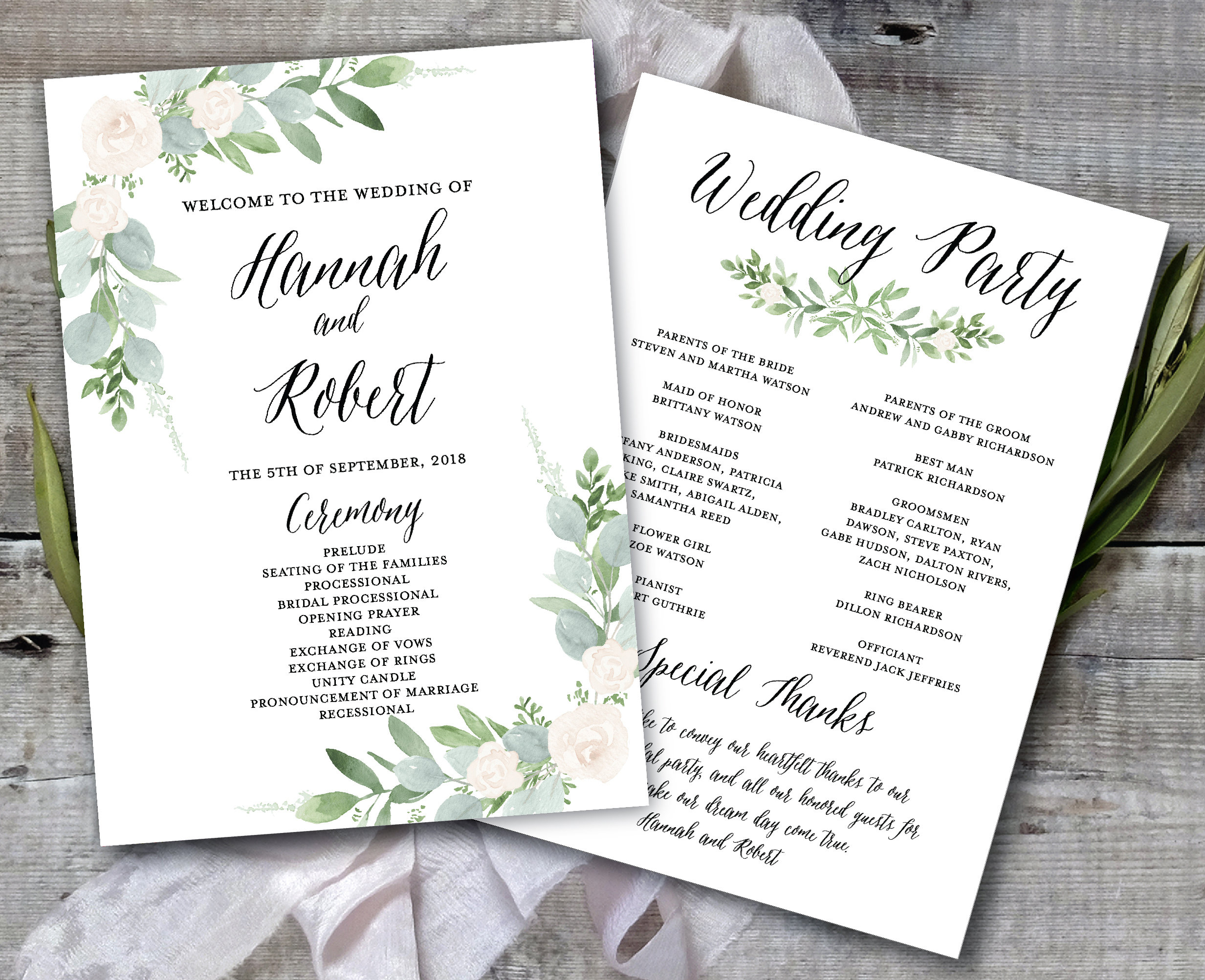 Wedding Program Template, Greenery Wedding Program Printable, Wedding ...