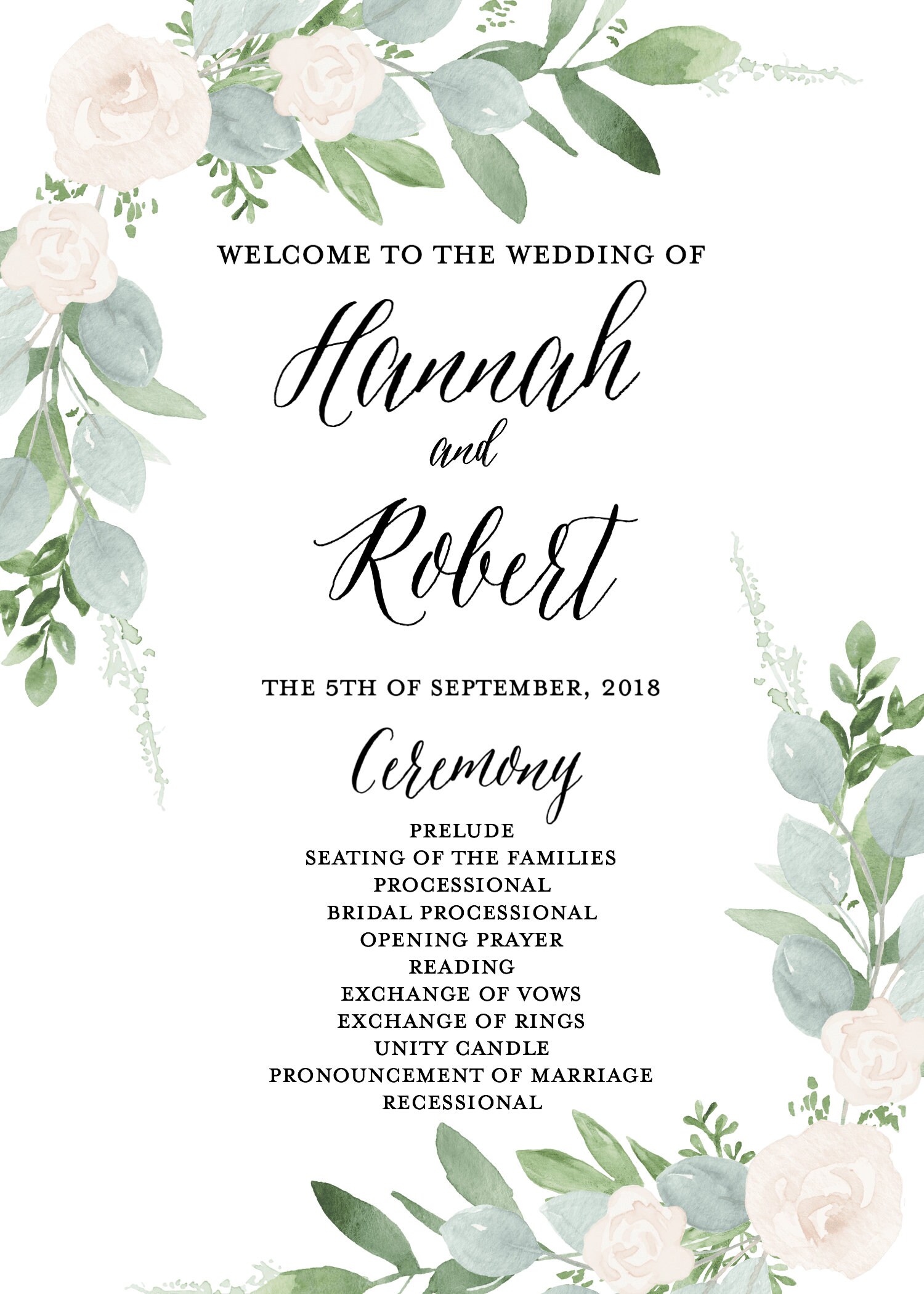 Wedding Program Template, Greenery Wedding Program Printable, Wedding ...
